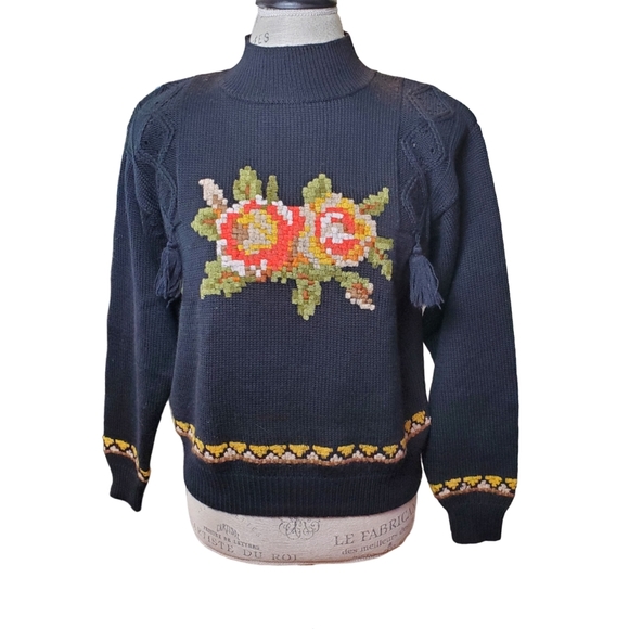 Vintage Sweaters - RARE | René Derhy Vintage 90s Embroidered Flower Wool Blend Sweater (Size  M)